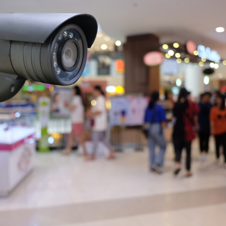 Security camera at store with people in the background