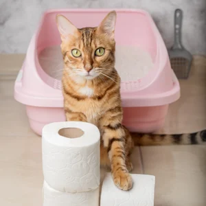 Cat outside litter box with toilet paper